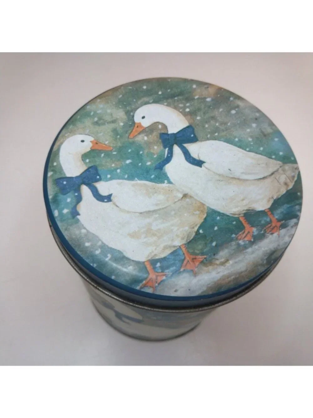 Vintage Goose in Snow Metal Tin Blue Bow 1990s 6 Inches